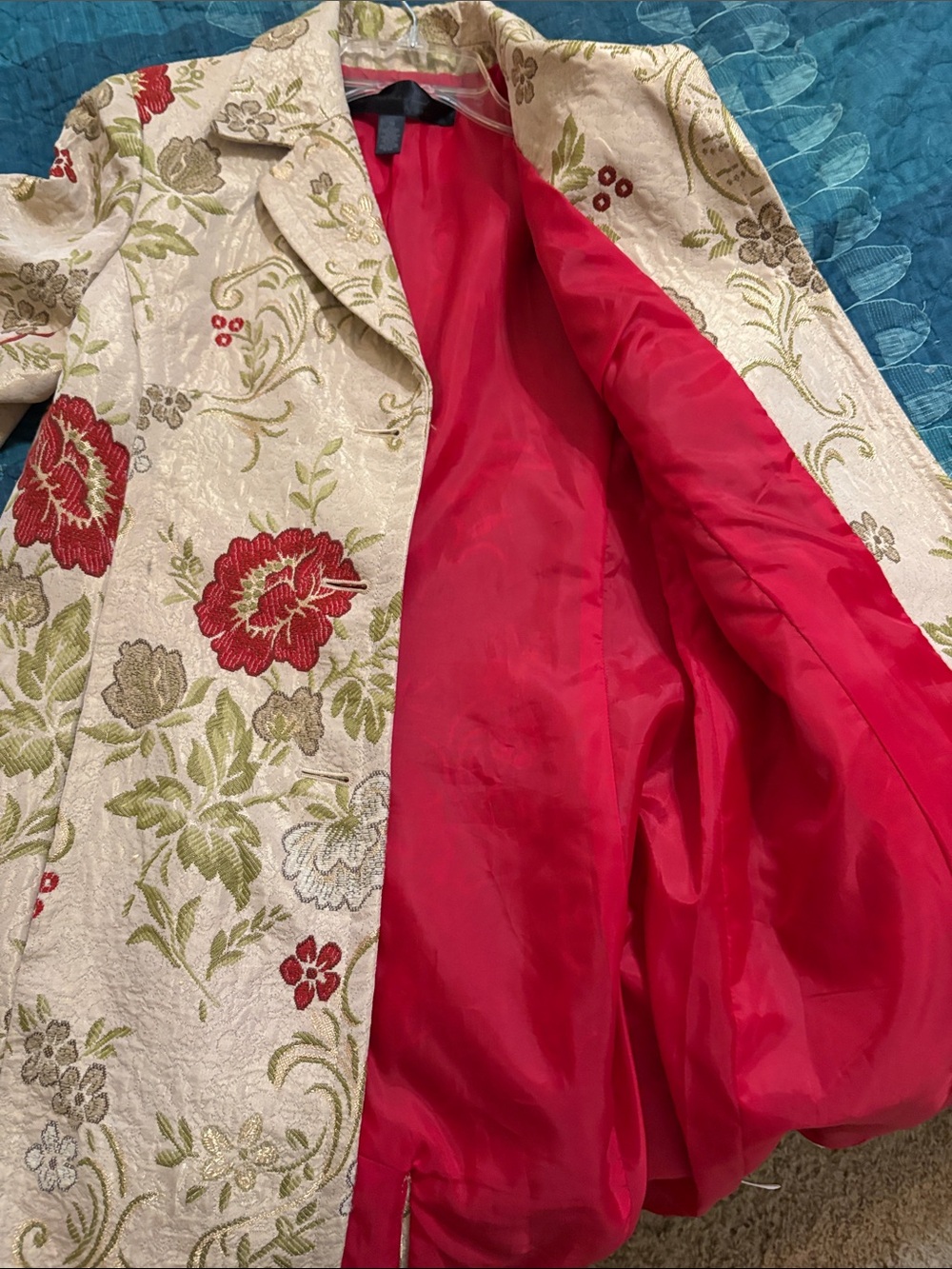 Apostrophe Beige Brocade Trench Coat with Red Floral Accents - Picture 5 of 5